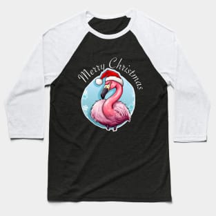 Pink Flamingo Wearing Santa Hat - Merry Christmas (White Lettering) Baseball T-Shirt